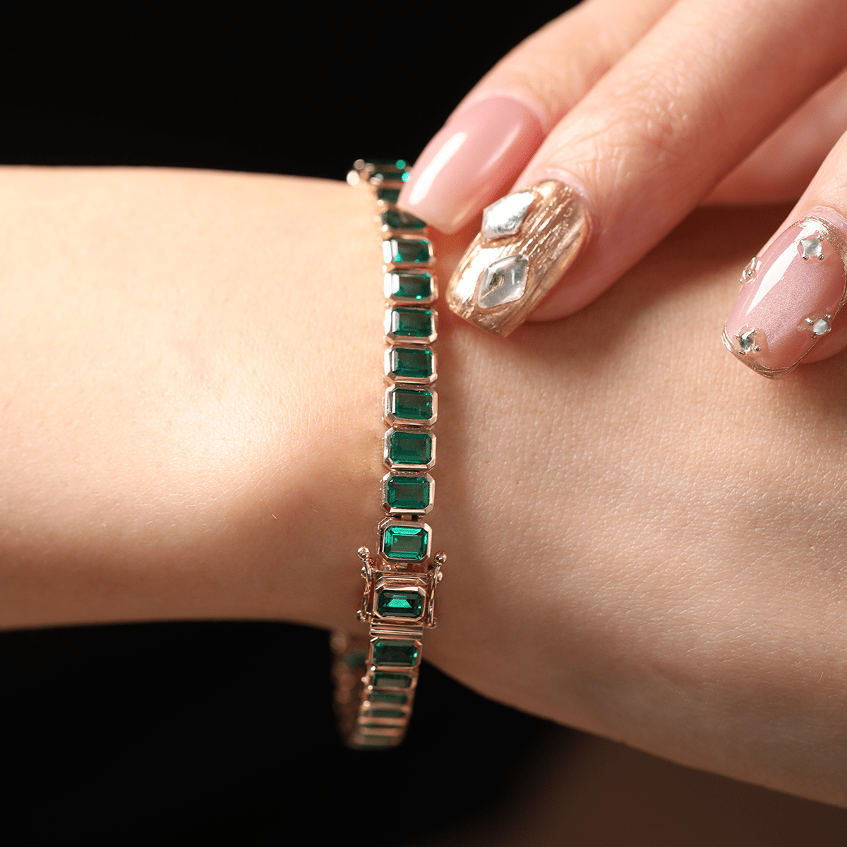 4×3mm Emerald Cut Lab Zambian Emerald Bezel - Set Tennis Bracelet with Box Clasp and Double Safety - MMR