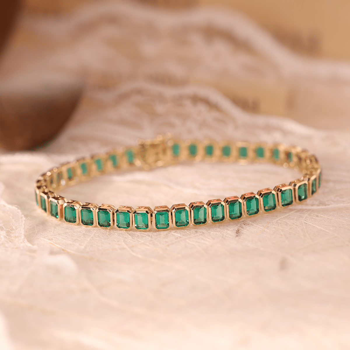 4×3mm Emerald Cut Lab Zambian Emerald Bezel - Set Tennis Bracelet with Box Clasp and Double Safety - MMR