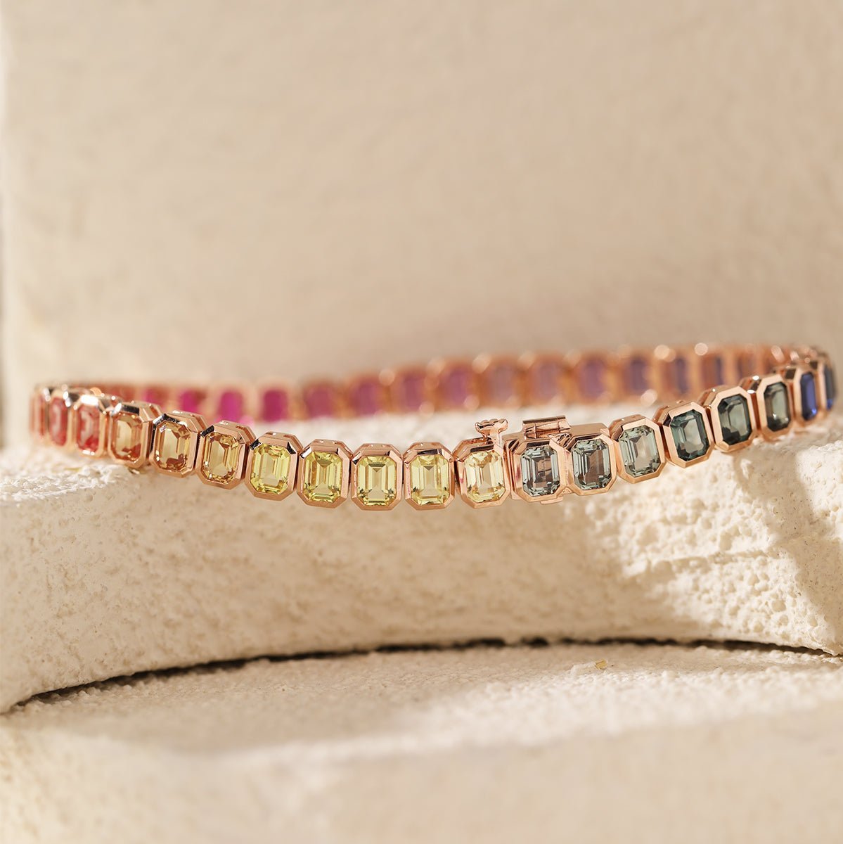 4×3mm Emerald Cut Rainbow - Colored Lab Sapphire Bezel - Set Tennis Bracelet with Box Clasp - MMR