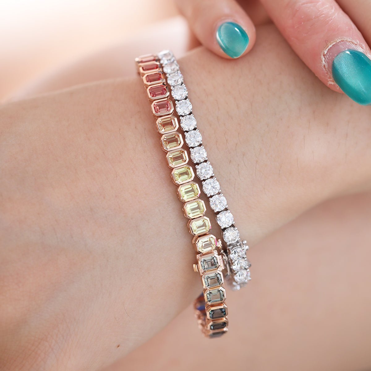 4×3mm Emerald Cut Rainbow - Colored Lab Sapphire Bezel - Set Tennis Bracelet with Box Clasp - MMR