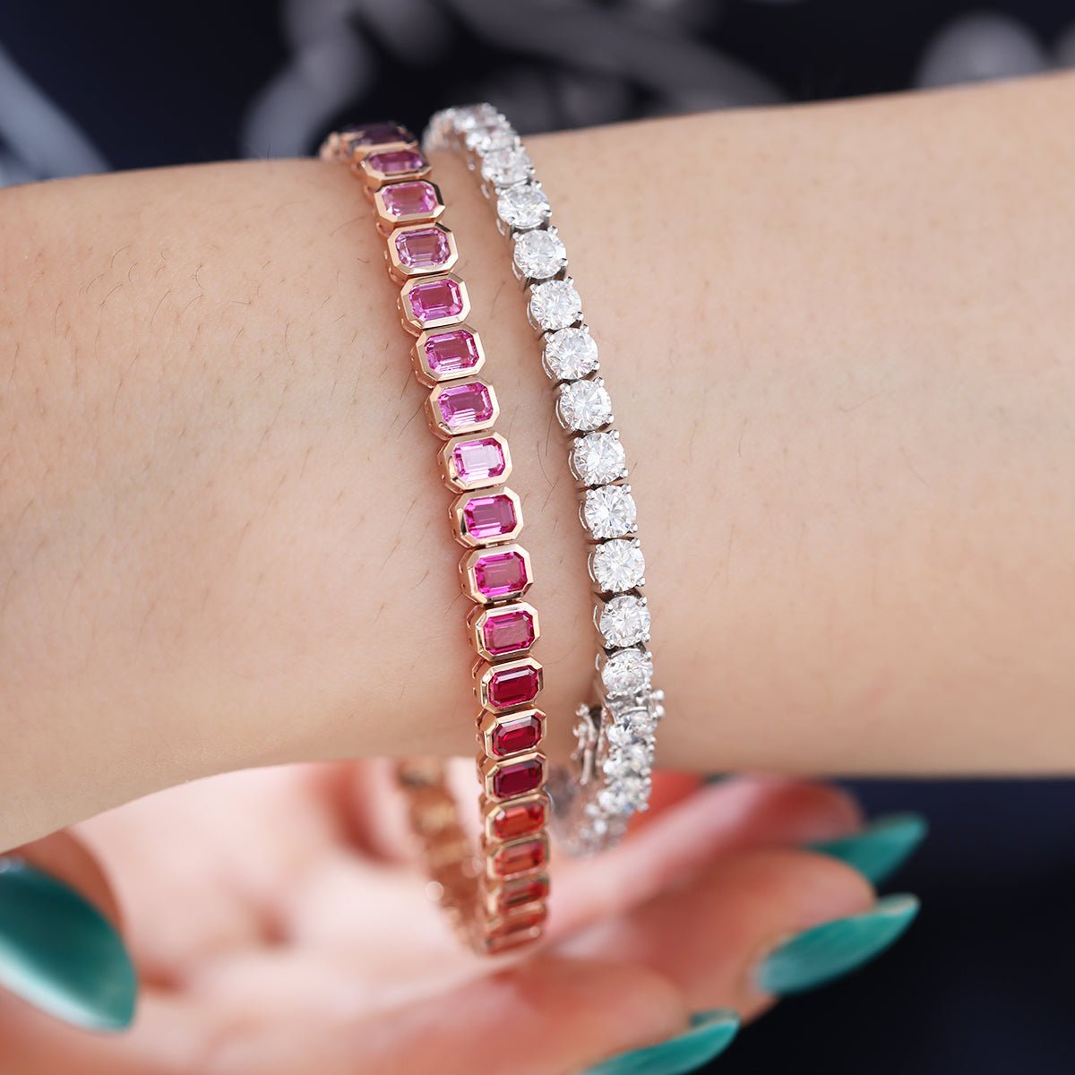 4×3mm Emerald Cut Rainbow - Colored Lab Sapphire Bezel - Set Tennis Bracelet with Box Clasp - MMR