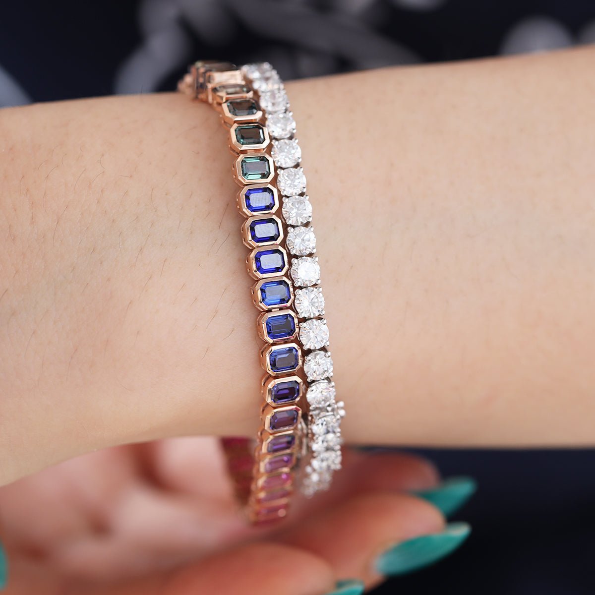 4×3mm Emerald Cut Rainbow - Colored Lab Sapphire Bezel - Set Tennis Bracelet with Box Clasp - MMR