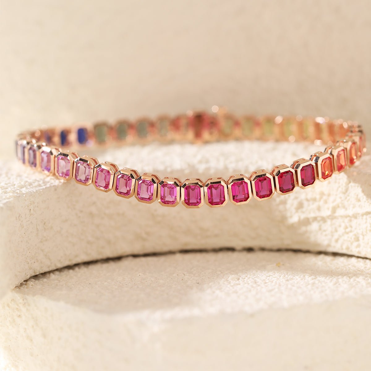 4×3mm Emerald Cut Rainbow - Colored Lab Sapphire Bezel - Set Tennis Bracelet with Box Clasp - MMR