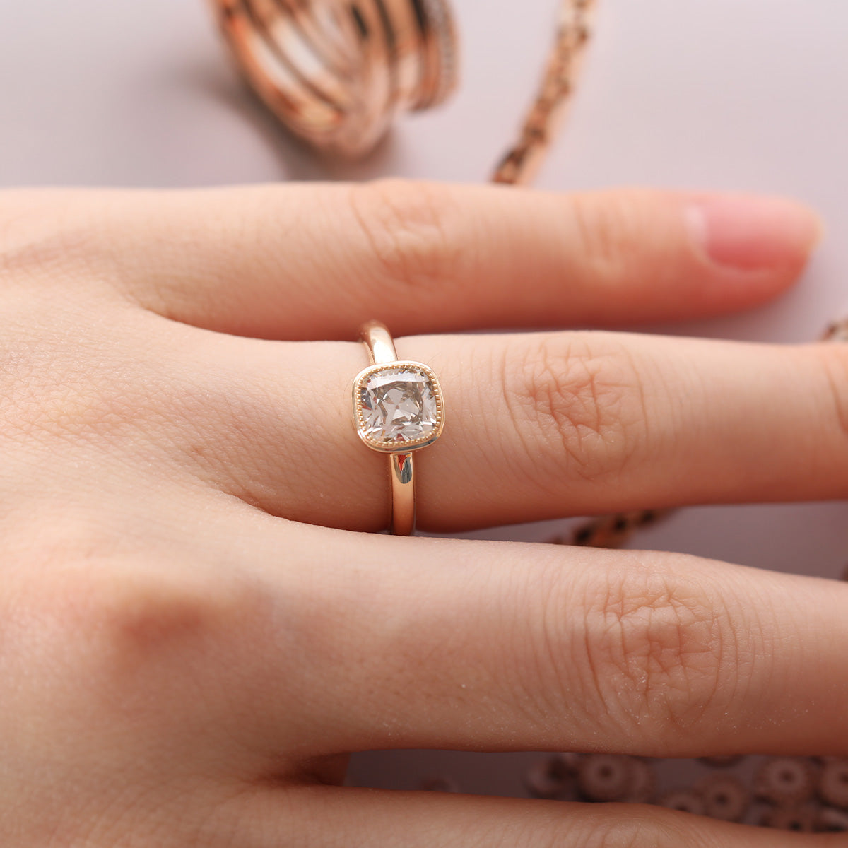 Cherished Moments 18K Yellow Gold 1.5ct Old Mine Cut Antique Lab Diamond Milligrain Bezel Solitaire Ring