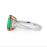 18K White and Rose Gold 2ct Lab Emerald Three Stone Ring with Cadillac Cut Lab Diamond Side-stone