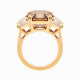 14K Yellow Gold 7.01ct Asscher Cut Brown Lab Diamond Double Claw Prongs Three-stone Ring with Two Trapezoid Step Cut Diamonds