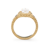 14K Yellow Gold 2.5ct Pear Lab Diamond with Round Lab Diamond and Lab Sapphire Side-stone Millegrain Floral Engraving Ring-Art Nouveau Nature-Inspired