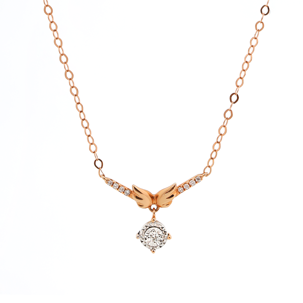 14K Rose Gold Wing Pendant Necklace with Round Lab Diamond in A Diamond-Cut Texture Halo