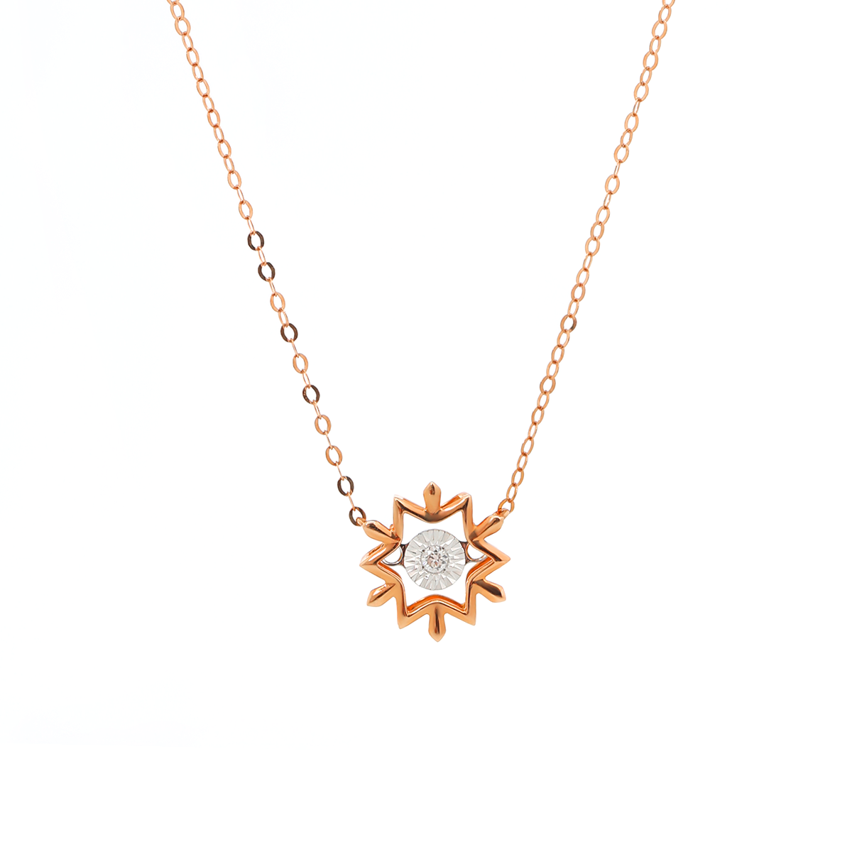 14K Rose Gold Round Lab Diamond Star Pendant Necklace with Round Lab Diamond in A Diamond-Cut Texture Halo