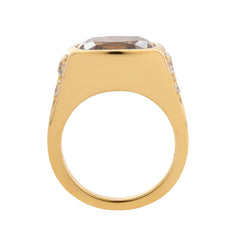 18K Yellow Gold Vintage Ring with 4.51ct Elongated Old Mine Cut Brown Lab Diamond and Old European Side Stones