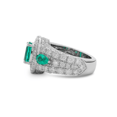14K White Gold 9*7mm Oval Columbian Lab Emerald Vintage Ring with Pear Lab Emerald and Round Lab Diamond Side-stones Pave