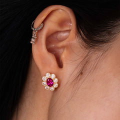 Oval Pink Sapphire & Round Lab Diamond Flower Millegrain Bezel Stud Earrings