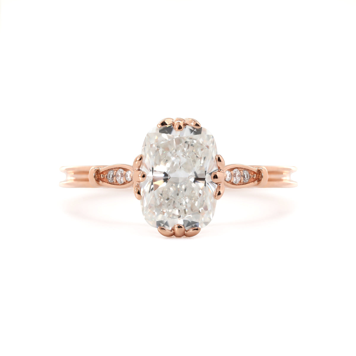 14K Rose Gold 2ct Elongated Cushion Cut Lab Diamond Triple Prong Cathedral Design Ring