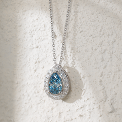 Platinum 1ct Pear Shaped Fancy Blue Lab Diamond Pendant Necklace with Round Lab Diamond Halo