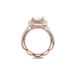 14K White and Rose Gold 2.5ct Old Mine Cut Lab Diamond Evelina Halo Edwardian Style Ring with Waverly Band and Millegrain Edging
