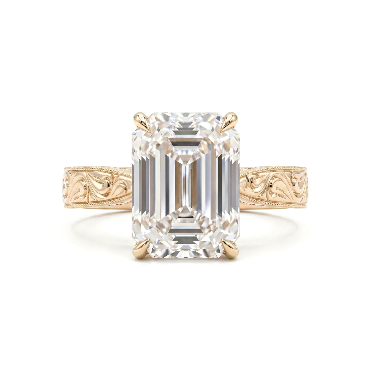 5.19CT Vintage Emerald - Cut Lab Diamond Hand - Engraved Ring with Taper Band - FIORESE JEWELRY