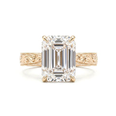 5.19CT Vintage Emerald - Cut Lab Diamond Hand - Engraved Ring with Taper Band - FIORESE JEWELRY