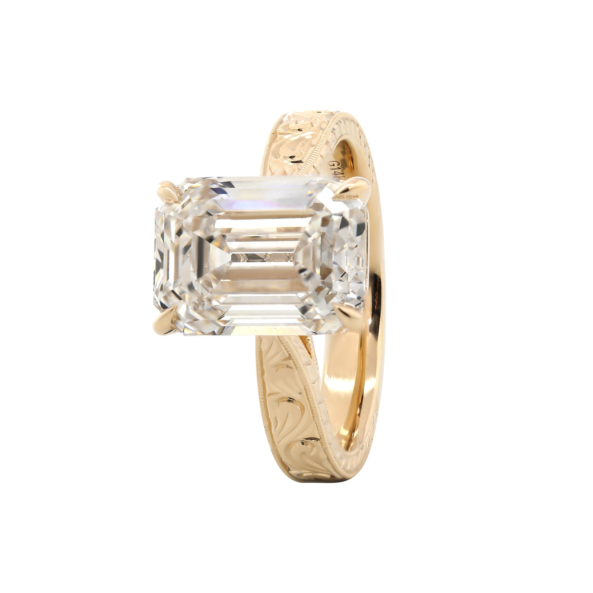 5.19CT Vintage Emerald - Cut Lab Diamond Hand - Engraved Ring with Taper Band - FIORESE JEWELRY