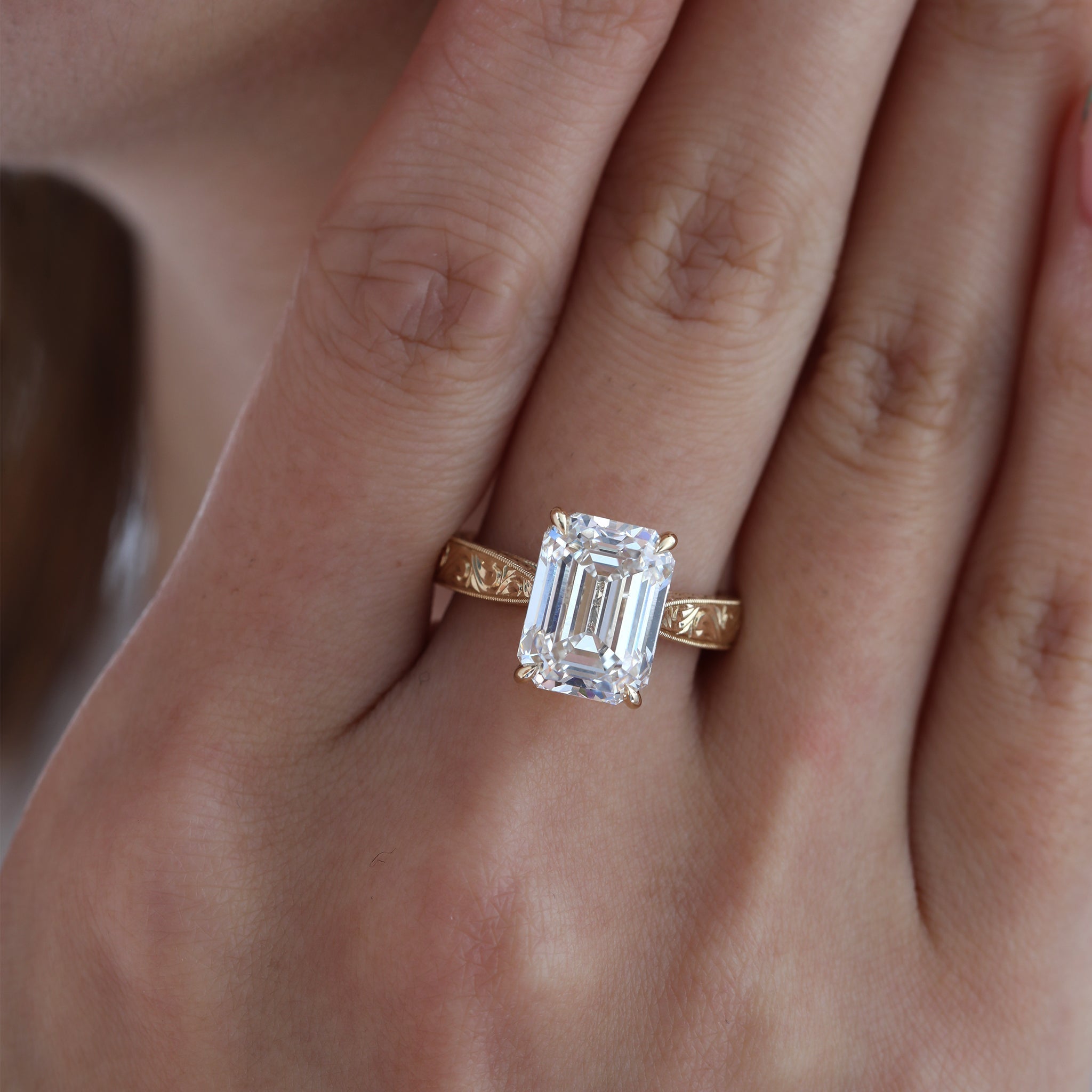 5.19CT Vintage Emerald - Cut Lab Diamond Hand - Engraved Ring with Taper Band - FIORESE JEWELRY