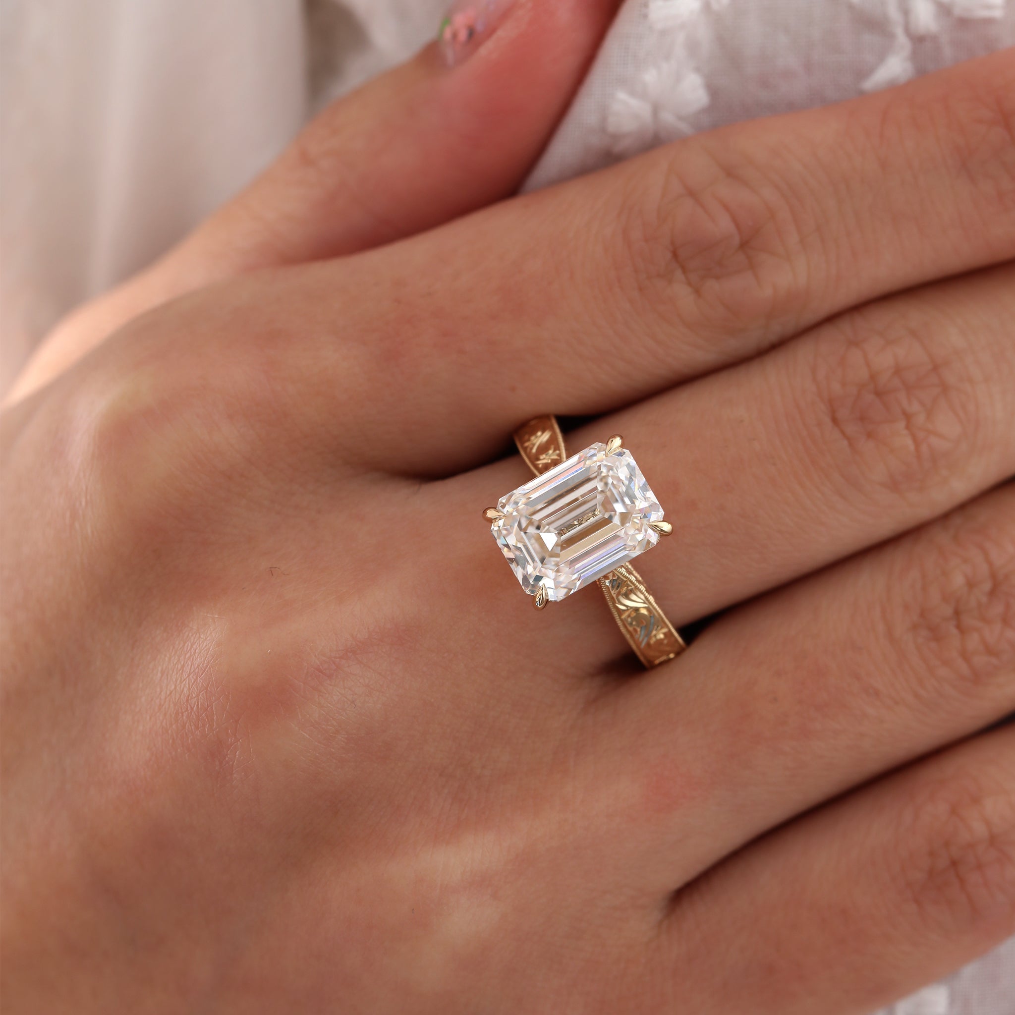 5.19CT Vintage Emerald - Cut Lab Diamond Hand - Engraved Ring with Taper Band - FIORESE JEWELRY