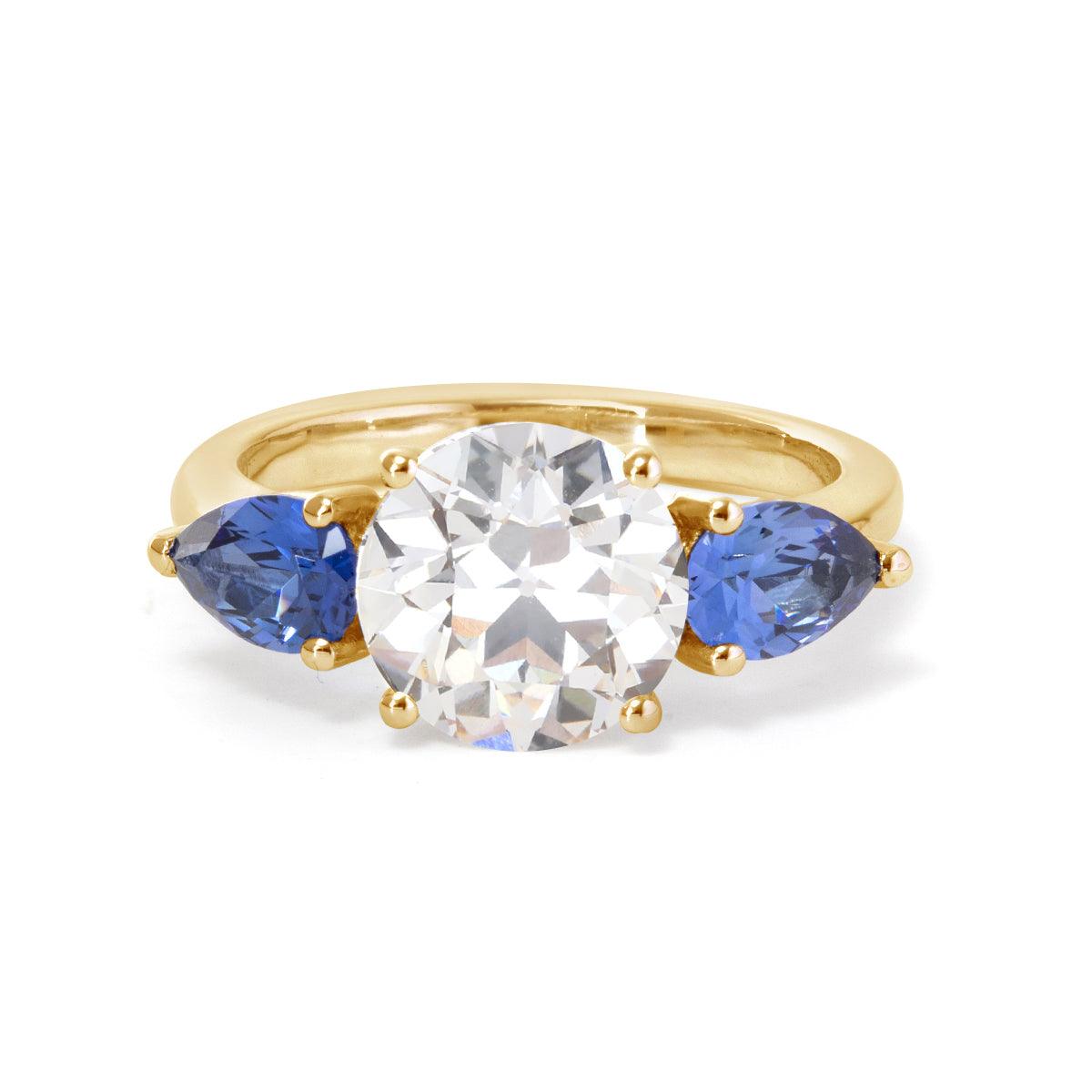 18K White Gold Old European Cut Lab Diamond Pear Sapphire Three Stone Ring 14K Yellow Gold