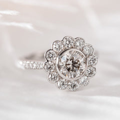 14K White Gold 1.5ct Round Cut Lab Diamond Halo Ring with Tapered Band and Half Circle Pave