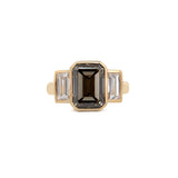 14K Yellow Gold 3.5ct Emerald Cut Brown Lab Diamond Three-stone Bezel Ring with Two Baguette Cut Lab Diamonds
