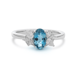 14K White Gold Oval Natural Aquamarine Ring with Moissanite Side Stones