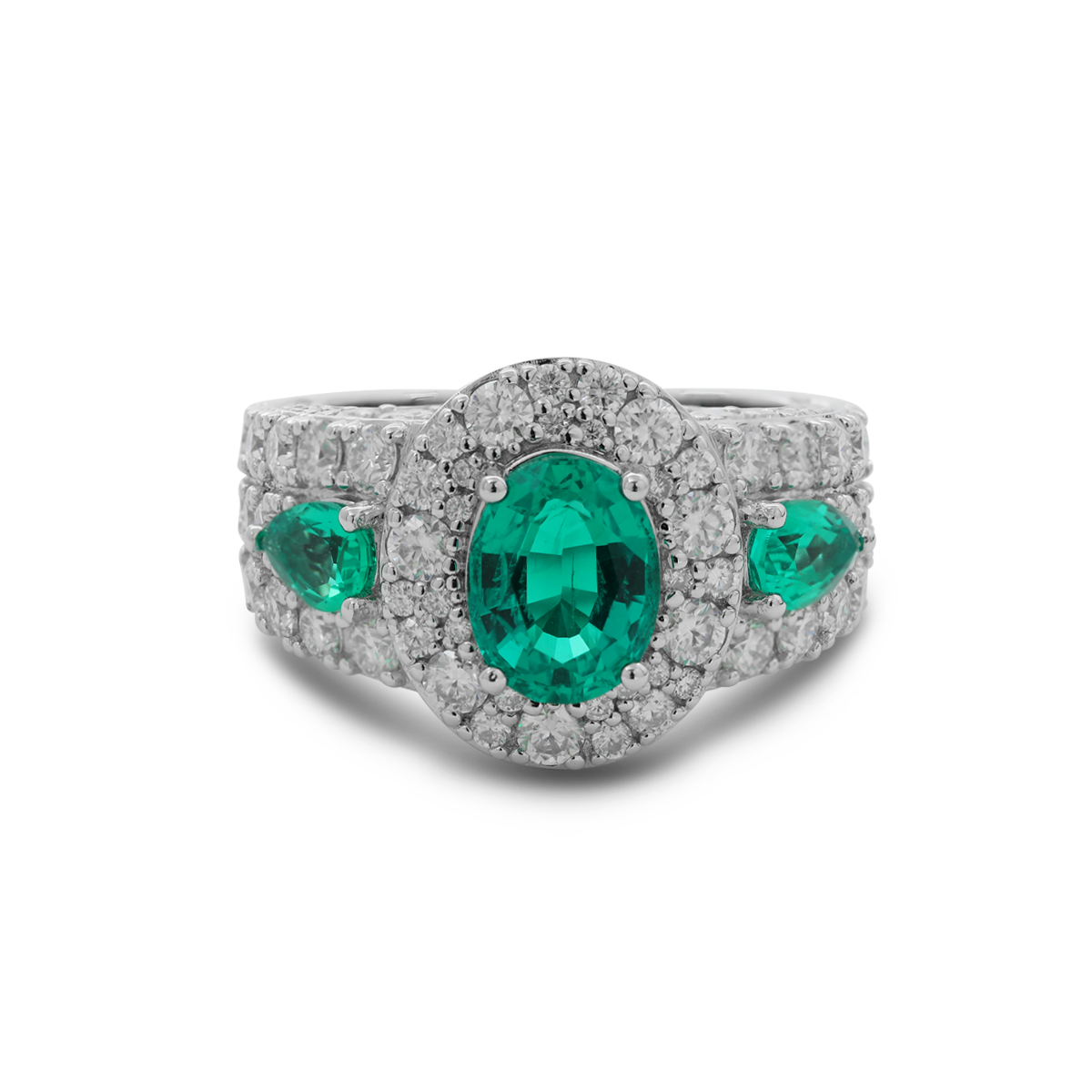 14K White Gold 9*7mm Oval Columbian Lab Emerald Vintage Ring with Pear Lab Emerald and Round Lab Diamond Side-stones Pave