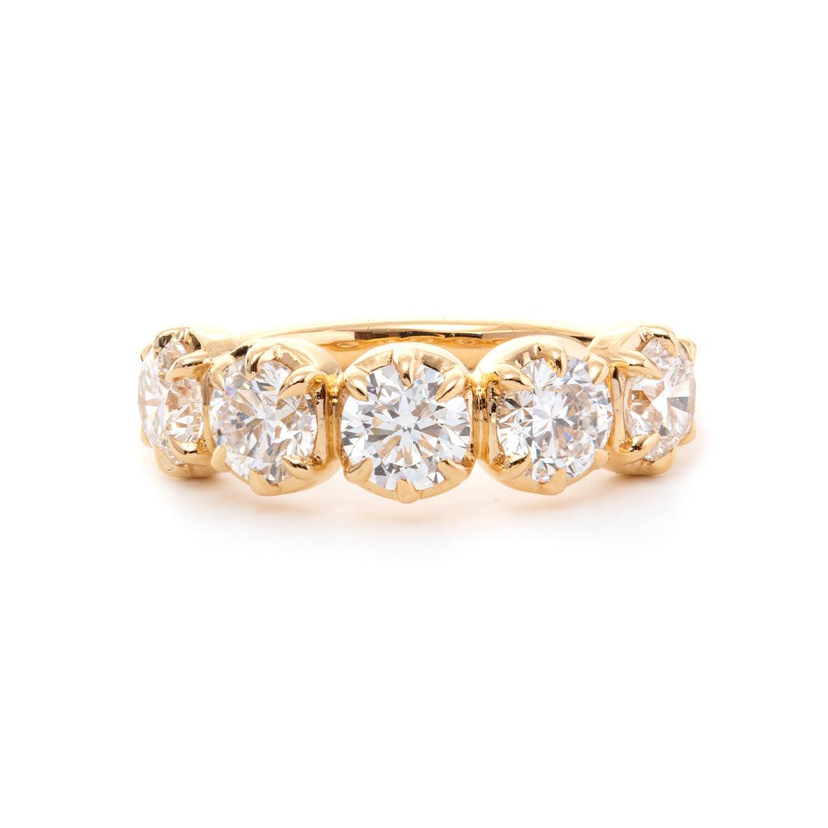 18K Yellow Gold 5 Stone Round Brilliant Cut Diamond Statement Ring