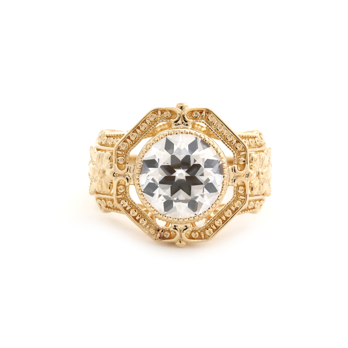 14K Yellow Gold 3ct Old European Cut Lab Diamond Millegrain Bezel Vintage Engraved Ring - Art Deco Style