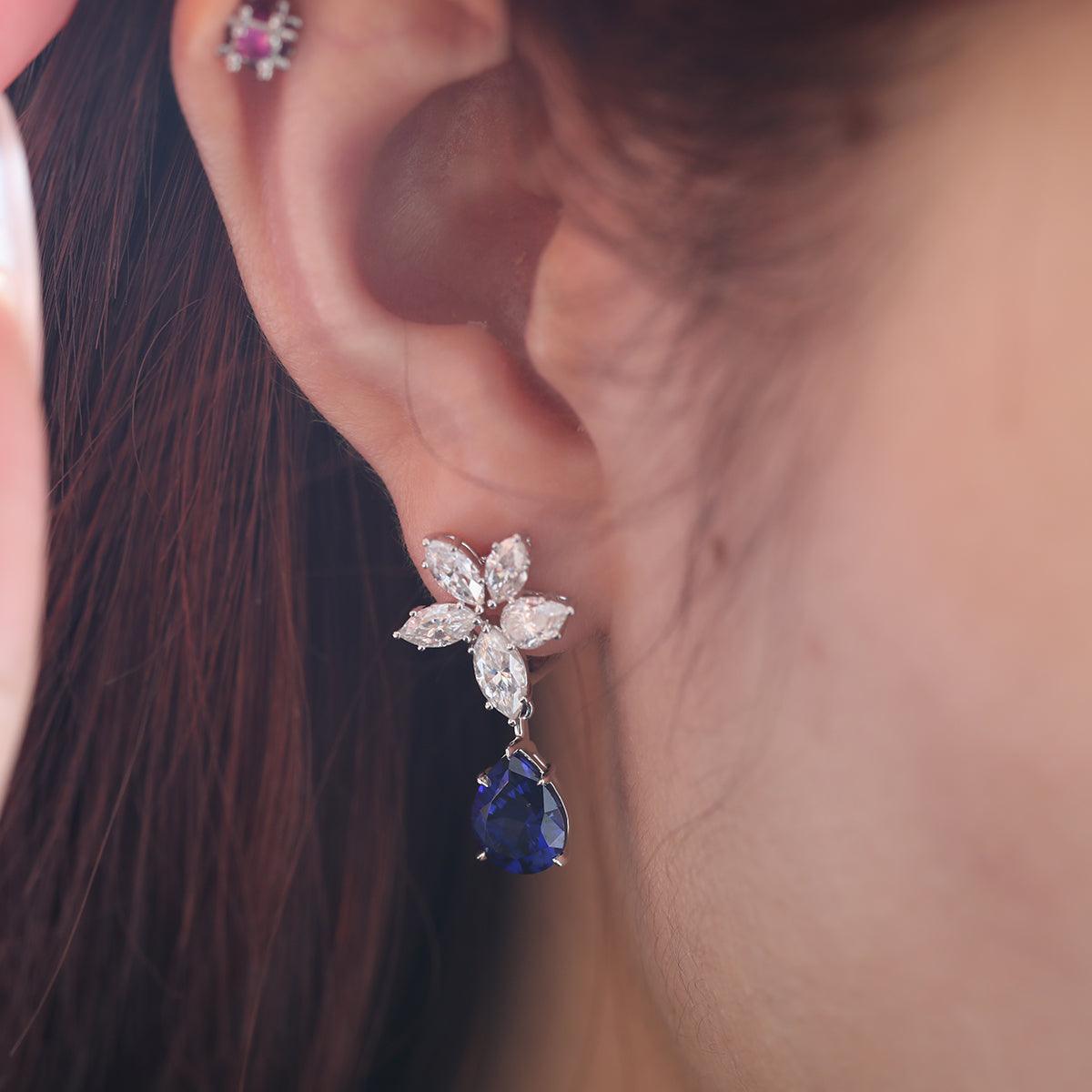 18K White Gold Pear Shaped Sapphire Cluster Lab Diamond Leverback Earrings