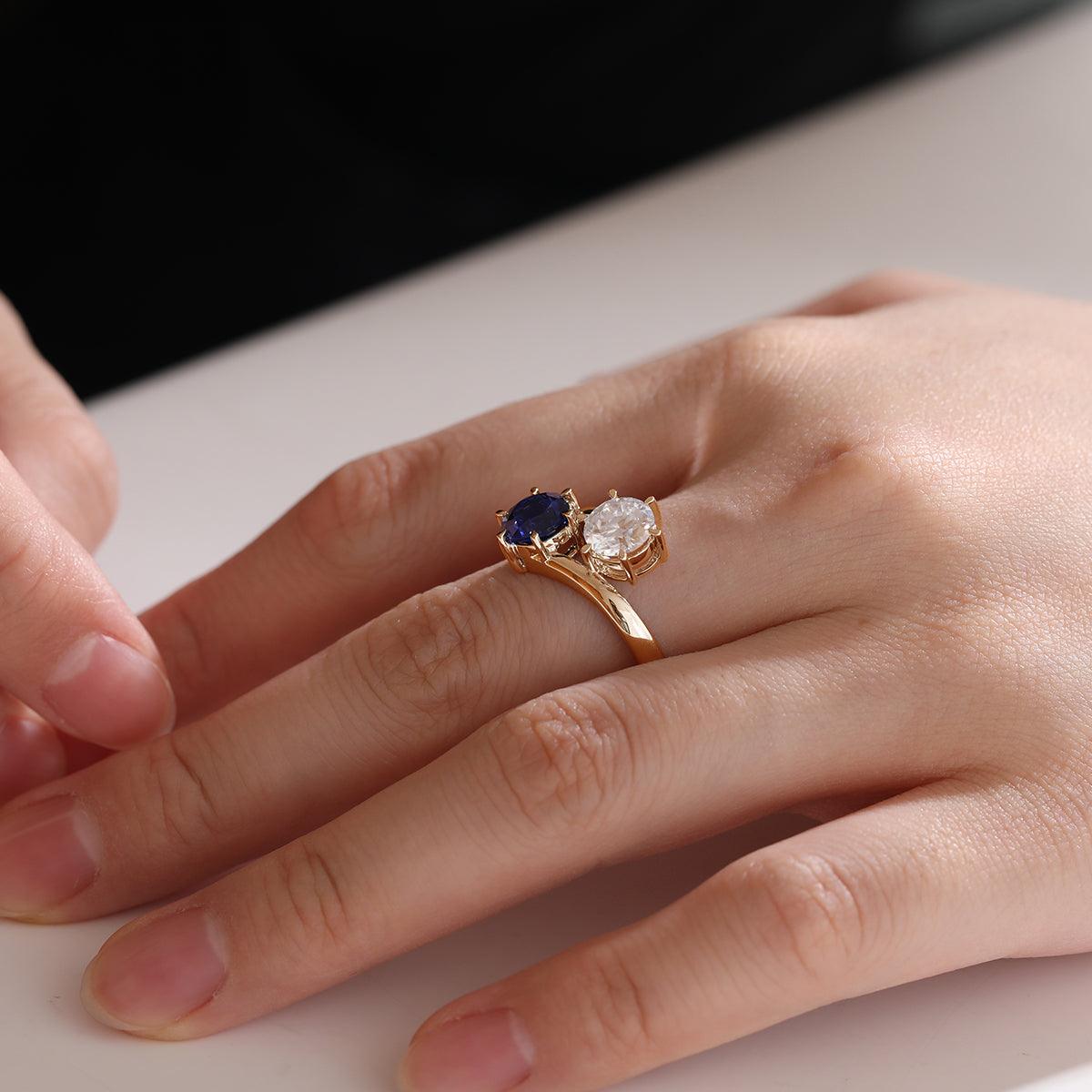 14K White Gold Round Cut Lab Diamond & Lab Sapphire Toi et Moi Ring 18K Yellow Gold