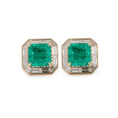 Asshcer Cut Colombian Lab Emerald Halo Stud Earrings