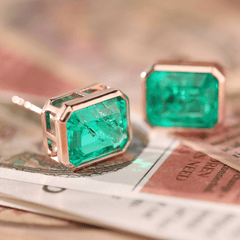 Columbian Lab Emerald Bezel Basket Stud Earrings