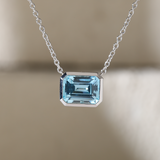 14K White Gold 3ct Aquamarine Blue Emerald Cut Lab Corundum Bezel Pendant Necklace