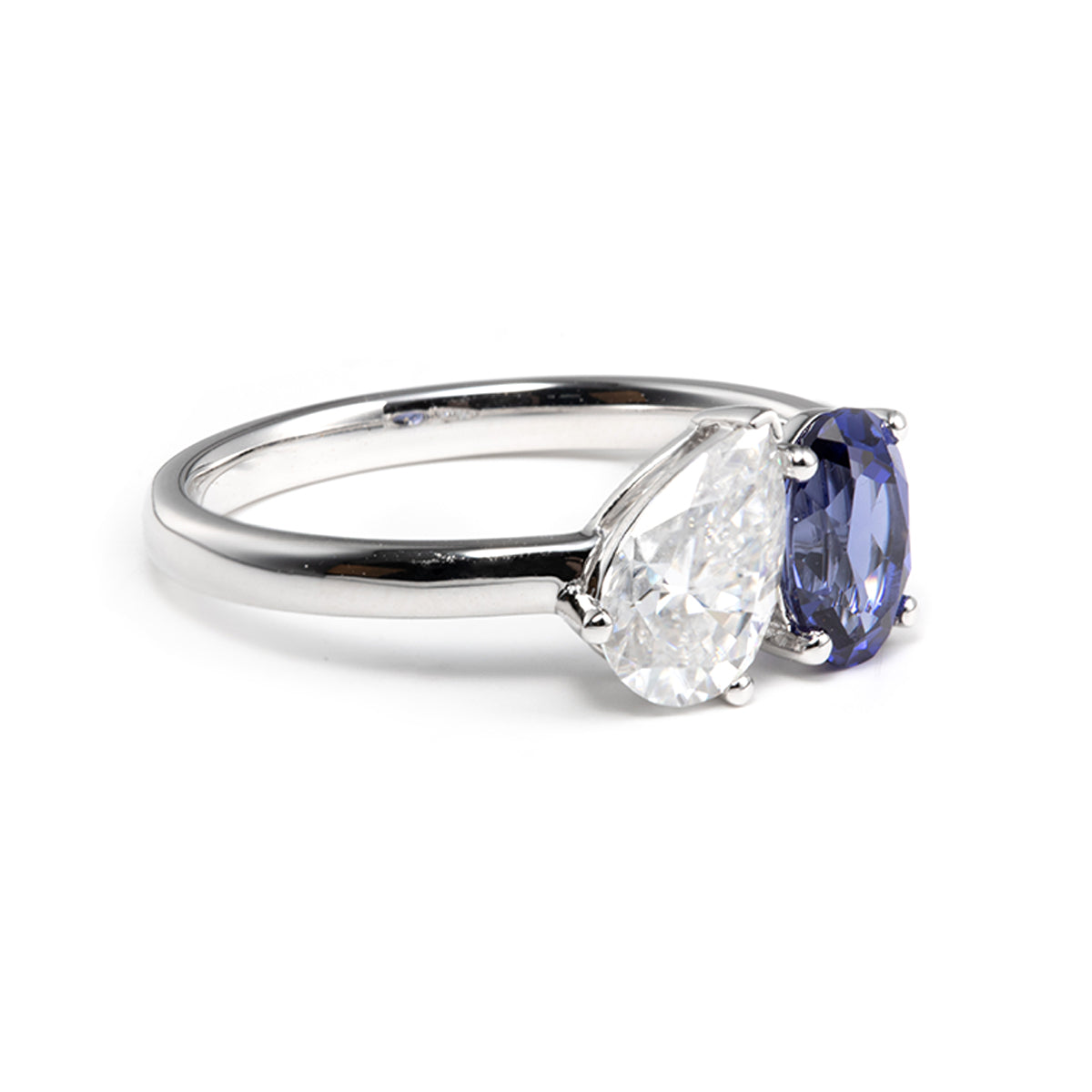 14K Yellow Gold Oval Cut Lab Sapphire and Pear Shaped Lab Diamond Toi et Moi Ring 14K White Gold 1ct oval cut lab sapphire & 1ct pear cut lab diamond DEF VS