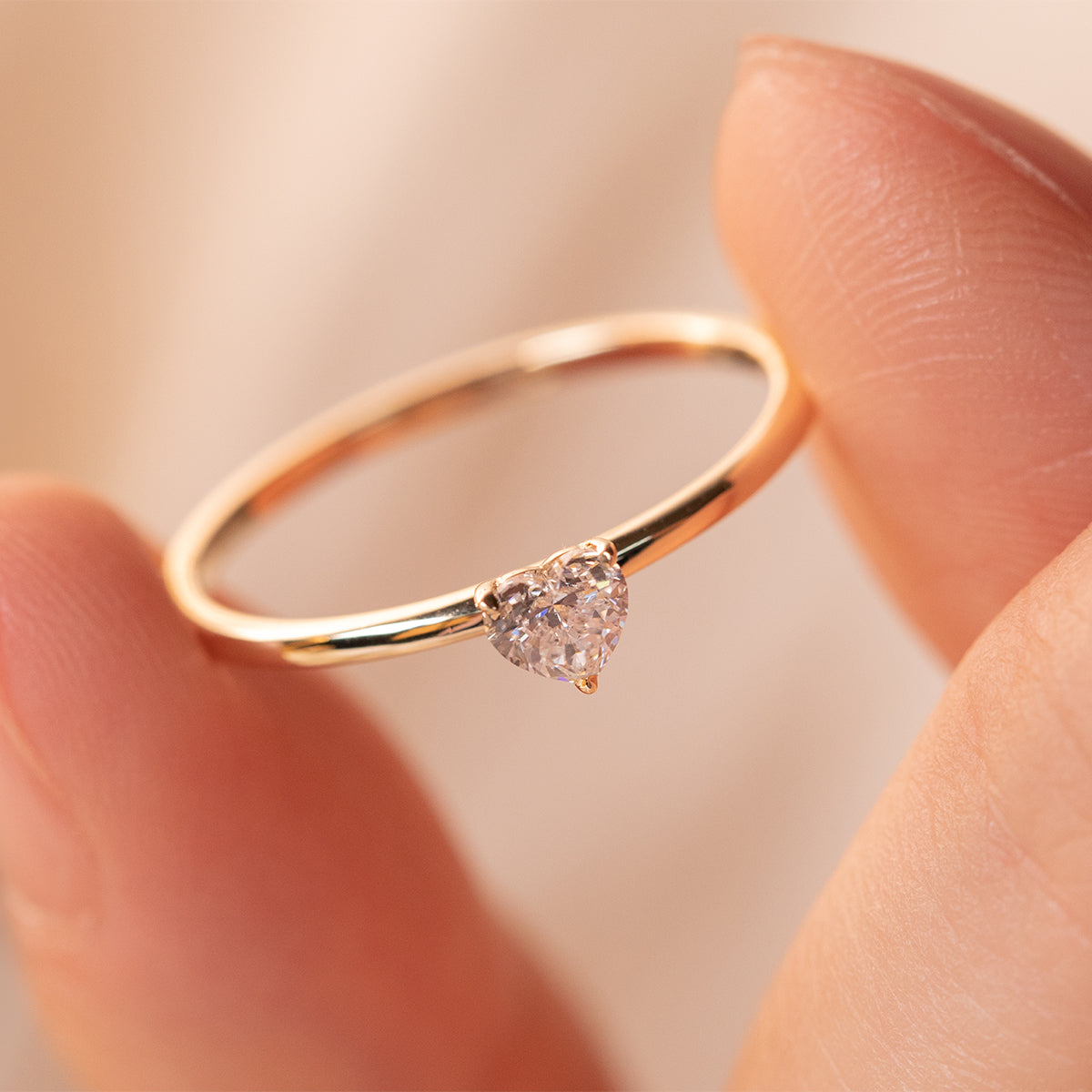 Cherished Moments 14K Yellow Gold Heart Cut Lab Diamond 3 Prong Basket Setting Slim Band Solitaire Ring