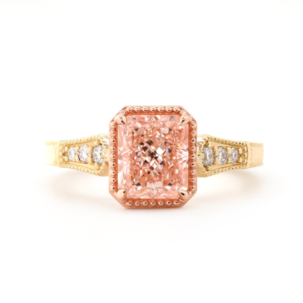 14K Yellow and Rose Gold 1.5ct Radiant Cut Pink Lab Diamond Millegrain Vintage Design Ring with Round Lab Diamond Side-stone