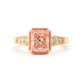 14K Yellow and Rose Gold 1.5ct Radiant Cut Pink Lab Diamond Millegrain Vintage Design Ring with Round Lab Diamond Side-stone