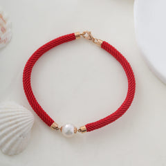 18K Yellow Gold Freshwater Pearl Red String Bracelet