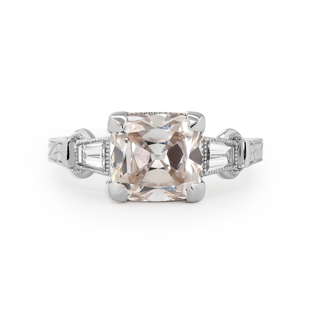 14K White Gold 3ct Old Mine Cut Lab Diamond Art Deco Style Vintage Engraved Three-stone Ring with Tapered Baguette Cut Side Stones