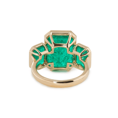 14K Yellow Gold 10.5 ct tw Emerald Cut Colombian Lab Emerald Bezel Setting Three-stone Ring