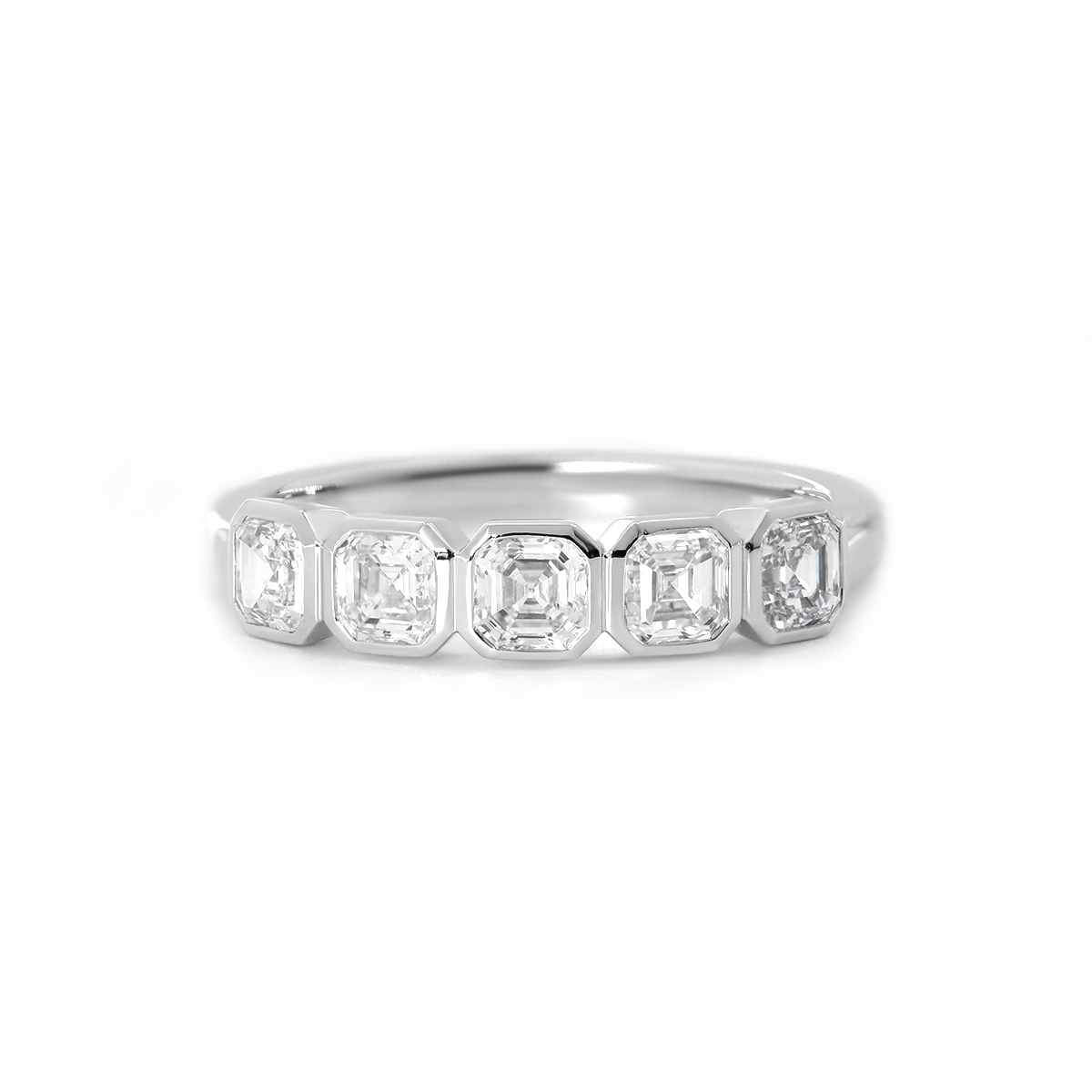 14K White Gold Asscher Cut Lab Diamond 5 Stone Bezel Half Eternity Ring