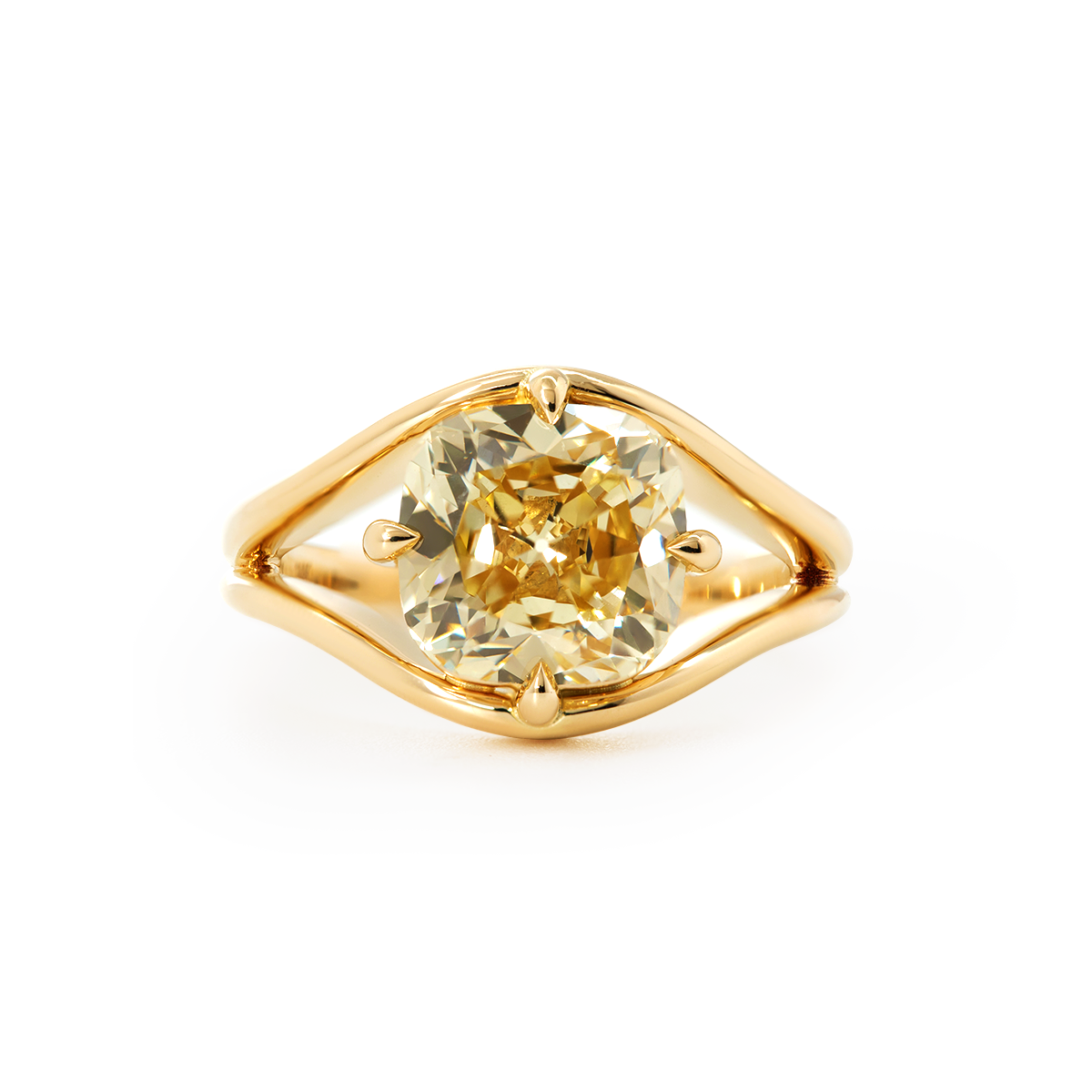 14K Yellow Gold 4ct Old Mine Cut Yellow Lab Diamond 4 Claw Prongs Solitaire Ring with Split Band Design