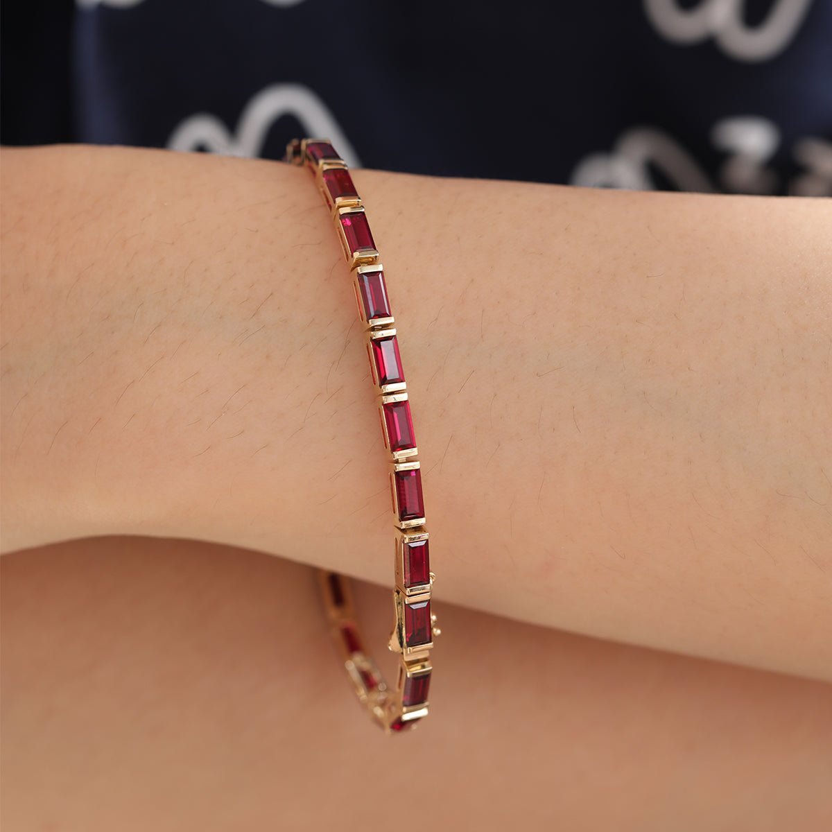 6×3mm Baguette Cut Lab Ruby Half - Bezel Basket Tennis Bracelet - MMR