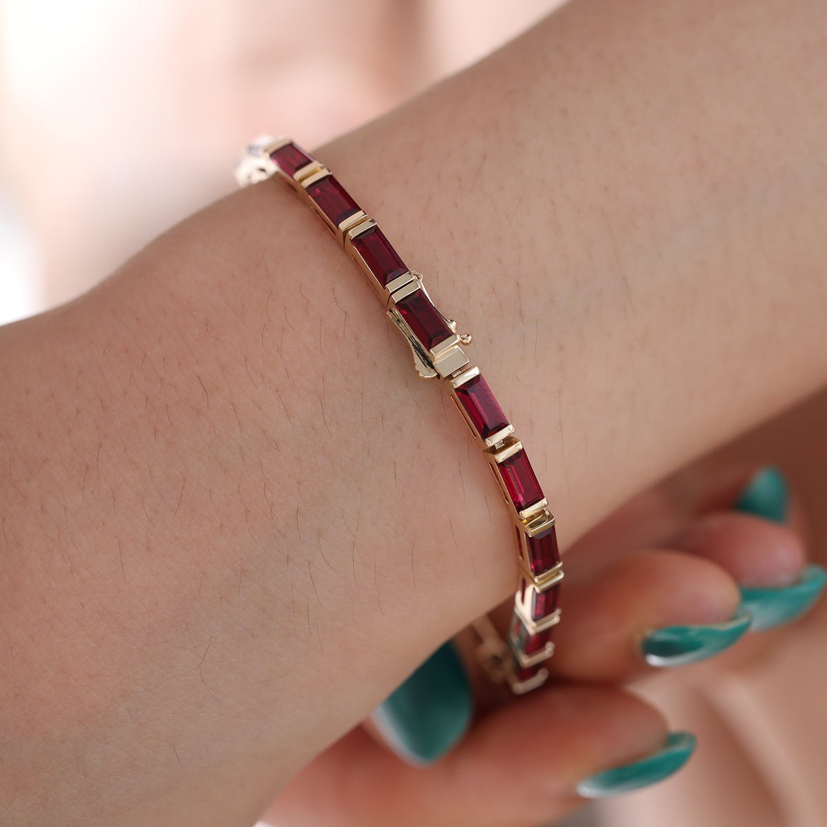 6×3mm Baguette Cut Lab Ruby Half - Bezel Basket Tennis Bracelet - MMR