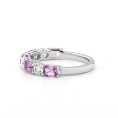 10K White Gold Round Cut Lab Diamond and Emerald Cut Pink Sapphire Half Eternity Ring