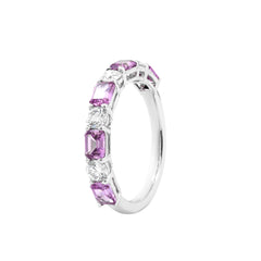10K White Gold Round Cut Lab Diamond and Emerald Cut Pink Sapphire Half Eternity Ring