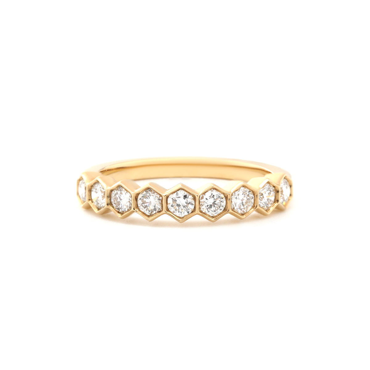 14K Yellow Gold Round Lab Diamond Hexagonal Bezel 9 Stone Ring